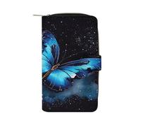 QMKFWT Galaxy Blue Butterfly Leather Wallet Long Checkbook Wallets Classic Bifold Ladies Clutch with ID Window