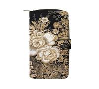 QMKFWT Gold Leaf Flowers Leather Wallet Long Checkbook Wallets Classic Bifold Ladies Clutch with ID Window