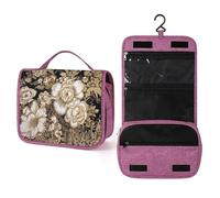 QMKFWT Gold Leaf Flowers Toiletry Bag Waterproof Makeup Bag with Hanging Hook Cosmetic Bags for Women Travel Essentials