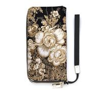 QMKFWT Gold Leaf Flowers Wallet Large Capacity Clutch Cash PursePU Leather Long Zipper Pouch Wallet Unisex, white, 20x10.5cm, Wallet