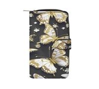 QMKFWT Gold White Butterflies Black Leather Wallet Long Checkbook Wallets Classic Bifold Ladies Clutch with ID Window