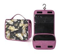 QMKFWT Gold White Butterflies Black Toiletry Bag Waterproof Makeup Bag with Hanging Hook Cosmetic Bags for Women Travel Essentials