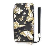 QMKFWT Gold White Butterflies Black Wallet Large Capacity Clutch Cash PursePU Leather Long Zipper Pouch Wallet Unisex, white, 20x10.5cm, Wallet