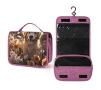 QMKFWT Golden Retriever And Flowers Toiletry Bag Waterproof Makeup Bag with Hanging Hook Cosmetic Bags for Women Travel Essentials