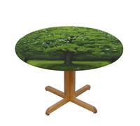 QMKFWT Green Tree Round Spandex Tablecloth 51 Inch, Elastic Fitted Waterproof Tablecloths Stretch Washable Picnic Table Cover for Camping, Dining, Indoor and Outdoor