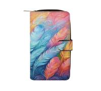 QMKFWT Hand Drawn Feathers Leather Wallet Long Checkbook Wallets Classic Bifold Ladies Clutch with ID Window