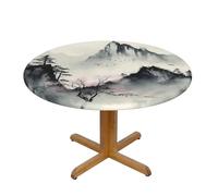 QMKFWT Ink Painting Style Mountain Round Spandex Tablecloth 55 Inch, Elastic Fitted Waterproof Tablecloths Stretch Washable Picnic Table Cover for Camping, Dining, Indoor and Outdoor