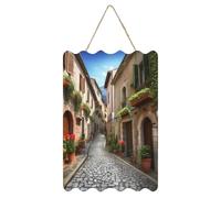 QMKFWT Italian Town Street Hanging Poster Small Welcome Modern Artwork Hanging Printed Wooden Wall Art Sign Decor for Coffee Shop Garden Party Home Office Ready to Hang
