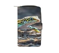 QMKFWT Leopard Little Gecko Leather Wallet Long Checkbook Wallets Classic Bifold Ladies Clutch with ID Window