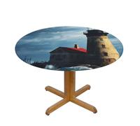 QMKFWT Lighthouse Round Spandex Tablecloth 43 Inch, Elastic Fitted Waterproof Tablecloths Stretch Washable Picnic Table Cover for Camping, Dining, Indoor and Outdoor