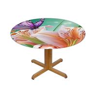 QMKFWT Lilies and Butterfly Round Spandex Tablecloth 40 Inch, Elastic Fitted Waterproof Tablecloths Stretch Washable Picnic Table Cover for Camping, Dining, Indoor and Outdoor