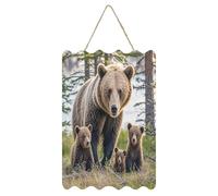 QMKFWT Mother Bear And Her Cubs Hanging Poster Small Welcome Modern Artwork Hanging Printed Wooden Wall Art Sign Decor for Coffee Shop Garden Party Home Office Ready to Hang