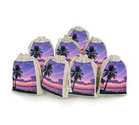 QMKFWT Palm Tree Purple Sunset Drawstring Pouches Small Bulk Cotton Burlap Storage Bags Reusable Muslin Sachet Bag for Candy, Toys, Jewelry, Treats, Birthday Party Favors
