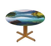 QMKFWT Peaceful Lake Round Spandex Tablecloth 35 Inch, Elastic Fitted Waterproof Tablecloths Stretch Washable Picnic Table Cover for Camping, Dining, Indoor and Outdoor