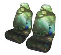QMKFWT Peacock in Forest Printed 2 Pcs Automotive Seat Covers for Front with Elastic Straps Car Protector Seat Covers for Car SUV Truck