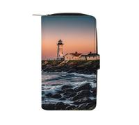 QMKFWT Portland River Lighthouse Sunrise Leather Wallet Long Checkbook Wallets Classic Bifold Ladies Clutch with ID Window