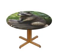 QMKFWT Raccoon Statue Round Spandex Tablecloth 51 Inch, Elastic Fitted Waterproof Tablecloths Stretch Washable Picnic Table Cover for Camping, Dining, Indoor and Outdoor