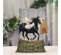QMKFWT Reusable Gift Wrapping Bag for Holiday Party FavorsBlack and White Horses Running Christmas Gift Bag Burlap Xmas Drawstring Gift Sack with Tag & Tie, Small Christmas Bags for Gifts
