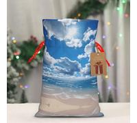 QMKFWT Reusable Gift Wrapping Bag for Holiday Party FavorsBlue and White Cloud Christmas Gift Bag Burlap Xmas Drawstring Gift Sack with Tag & Tie, Small Christmas Bags for Gifts
