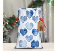 QMKFWT Reusable Gift Wrapping Bag for Holiday Party FavorsHand Drawn Blue Heart Christmas Gift Bag Burlap Xmas Drawstring Gift Sack with Tag & Tie, Medium Christmas Bags for Gifts