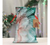 QMKFWT Reusable Gift Wrapping Bag for Holiday Party FavorsTurquoise Feather Pattern Christmas Gift Bag Burlap Xmas Drawstring Gift Sack with Tag & Tie, Small Christmas Bags for Gifts
