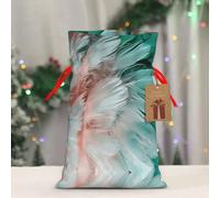 QMKFWT Reusable Gift Wrapping Bag for Holiday Party FavorsTurquoise Feather Pattern Christmas Gift Bag Burlap Xmas Drawstring Gift Sack with Tag & Tie, Medium Christmas Bags for Gifts