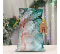 QMKFWT Reusable Gift Wrapping Bag for Holiday Party FavorsTurquoise Feather Pattern Christmas Gift Bag Burlap Xmas Drawstring Gift Sack with Tag & Tie, Small Christmas Bags for Gifts