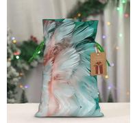 QMKFWT Reusable Gift Wrapping Bag for Holiday Party FavorsTurquoise Feather Pattern Christmas Gift Bag Burlap Xmas Drawstring Gift Sack with Tag & Tie, Small Christmas Bags for Gifts