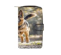 QMKFWT Running German Shepherd Dog Leather Wallet Long Checkbook Wallets Classic Bifold Ladies Clutch with ID Window