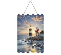 QMKFWT Santa Claus Lighthouse Hanging Poster Small Welcome Modern Artwork Hanging Printed Wooden Wall Art Sign Decor for Coffee Shop Garden Party Home Office Ready to Hang