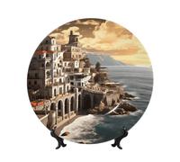 QMKFWT Seaside City Bone China Decorative Plate,6inï¼ˆ15cmï¼‰ Ceramic Decorative Plates with Display Stand,Ceramic Ornaments Art Porcelain Plate for Home Office Wall Decor Collections Plates