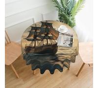 QMKFWT Ship Sailing Alone Printed Round Tablecloth,Dust-Proof Wrinkle Resistant Table Cover Washable Polyester Table Cloth for Kitchen Dining Room Farmhouse Picnic Indoor Outdoor(Round 60 Inch)
