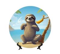 QMKFWT Sloth on Beach Bone China Decorative Plate,8inï¼ˆ20cmï¼‰ Ceramic Decorative Plates with Display Stand,Ceramic Ornaments Art Porcelain Plate for Home Office Wall Decor Collections Plates