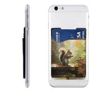 QMKFWT Squirrel Eats Nuts Phone Wallet, Stick On Card Holder for Back of Phone Case - Leather Cell Phone Card Wallet Sleeve Adhesive Phone Pocket - Compatible with Most Cell Phones