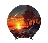 QMKFWT Sunset Bone China Decorative Plate,6inï¼ˆ15cmï¼‰ Ceramic Decorative Plates with Display Stand,Ceramic Ornaments Art Porcelain Plate for Home Office Wall Decor Collections Plates