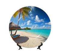 QMKFWT Tropical Beach Bone China Decorative Plate,8inï¼ˆ20cmï¼‰ Ceramic Decorative Plates with Display Stand,Ceramic Ornaments Art Porcelain Plate for Home Office Wall Decor Collections Plates