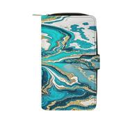 QMKFWT Turquoise Blue Gold Marble Leather Wallet Long Checkbook Wallets Classic Bifold Ladies Clutch with ID Window