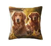 QMKFWT Two Golden Retrievers Print Throw Pillow Covers Decorative Pillow Cover Square Cushion Cases Soft Cushion Cover Throw Sofa Pillow Case for Home Decor Living Room Bed Couch Car 18"x18"