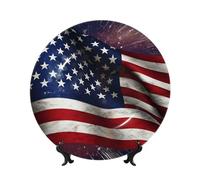 QMKFWT USA Flag Bone China Decorative Plate,6inï¼ˆ15cmï¼‰ Ceramic Decorative Plates with Display Stand,Ceramic Ornaments Art Porcelain Plate for Home Office Wall Decor Collections Plates