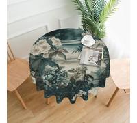 QMKFWT White and Emerald Printed Round Tablecloth,Dust-Proof Wrinkle Resistant Table Cover Washable Polyester Table Cloth for Kitchen Dining Room Farmhouse Picnic Indoor Outdoor(Round 60 Inch)