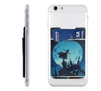 QMKFWT Witch Flies over the Castle Phone Wallet, Stick On Card Holder for Back of Phone Case - Leather Cell Phone Card Wallet Sleeve Adhesive Phone Pocket - Compatible with Most Cell Phones