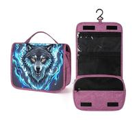 QMKFWT Wolf Head in Blue Flames Toiletry Bag Waterproof Makeup Bag with Hanging Hook Cosmetic Bags for Women Travel Essentials