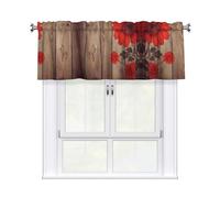 QMKFWT Wooden Board Red Flower Curtain Valance for Windows,Kitchen Window Curtains Blackout Drapes Window Treatments Decorative Rod Pocket Short Curtain for Living Room Bedroom,54" W x 18" L