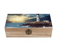 QMKFWT Wooden Jewelry Box Beautifully Keepsake Box Trinket Box Keepsake Storage Organizer Lighthouse Seaside Handmade Wooden Box for Storing Jewelry, Coins, Tartot Cards, Small Treasures