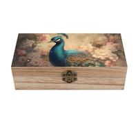 QMKFWT Wooden Jewelry Box Beautifully Keepsake Box Trinket Box Keepsake Storage Organizer Oriental Peacock Pattern Handmade Wooden Box for Storing Jewelry, Coins, Tartot Cards, Small Treasures