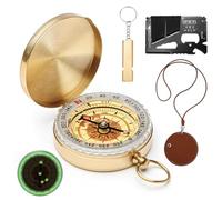 QMLING 4PCS Brass Compass Outdoor Set, Luminous Navigation Compass, Multitool Card with Leather Case and Whistle, Camping Tools Survival Gear for Hiking Outdoor Activities