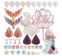 QMLING Mermaid Cake Decorations for Girls: 42 PCS Mermaid Cake Toppers Set, Seashell Tail Sea Star for Girls Birthday Mermaid Theme Party