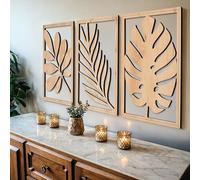 qmmp Modern Wooden Wall Sculptures - Set of 3 - MDF - Oak - Home Decor Accent - Large Wall Art for Living Room, Bedroom, Office - Easy Installation (Oak, Large - Tree Leaves, Unframed)