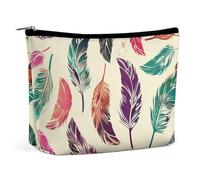 QMNALP Large Capacity Small Makeup Bag for Purse Portable Travel Toiletry Bag Boho Big Colorful Feather Pattern Printed Makeup Pouch,Gifts for Women