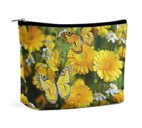 QMNALP Large Capacity Small Makeup Bag for Purse Portable Travel Toiletry Bag Boho Big Yellow Butterfly And Daisies Printed Makeup Pouch,Gifts for Women